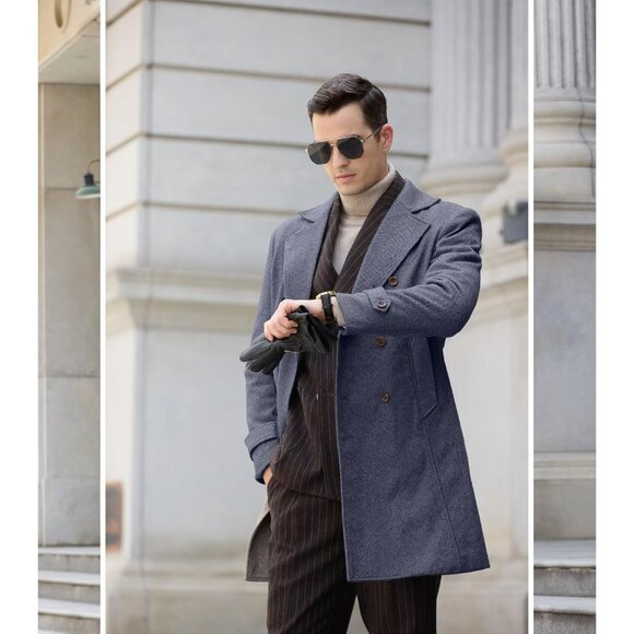 Mens Blue for Long Jackets Warm Peacoat Men's Double Overcoat Trench Coats - Picture 7 of 7